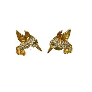 Vtg Hummingbird Earrings Stud Rhinestone Crystal Pave Gold Tone 1990s Green Eyes